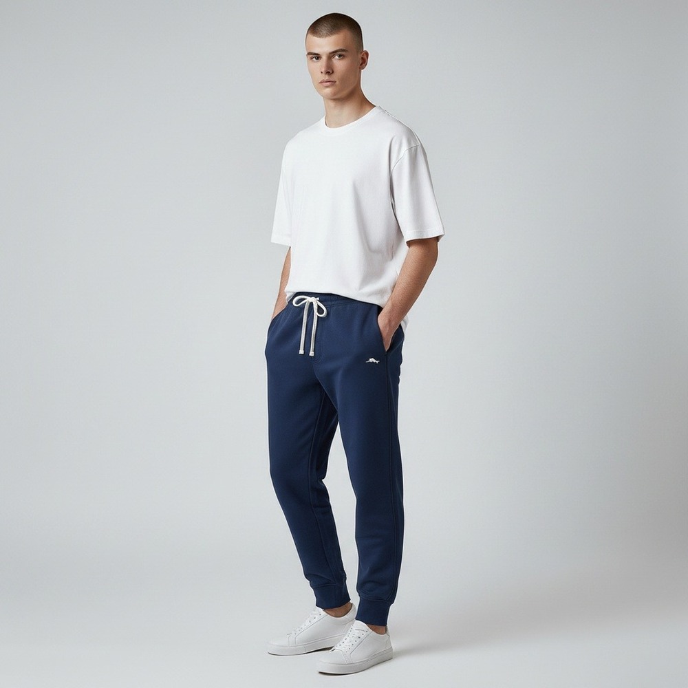 Tommy Bahama Jogger Pants Medium Navy Blue Knit Drawstring Marlin Logo Mens
